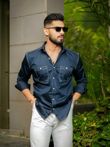 Model wearing a dark navy button-down shirt