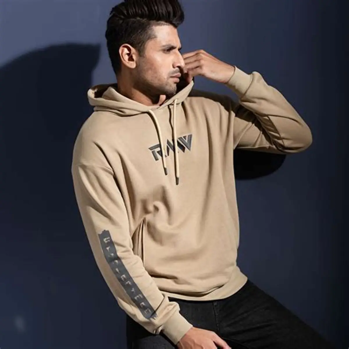 Sand-coloured graphic hoodie